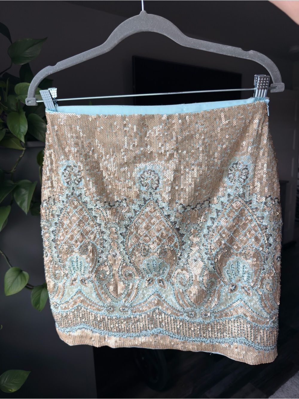 Alya Gold Sequin Mini Skirt with Light Blue Embroidery